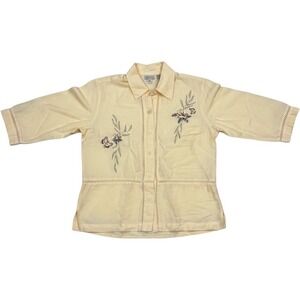 Koret Petites Yellow Embroidered Button Front Blouse Size 6 Floral Butterfly